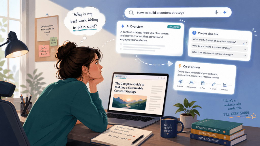 Thoughtful content writer watching AI answer cards overlook her published article despite strong research and useful insights.