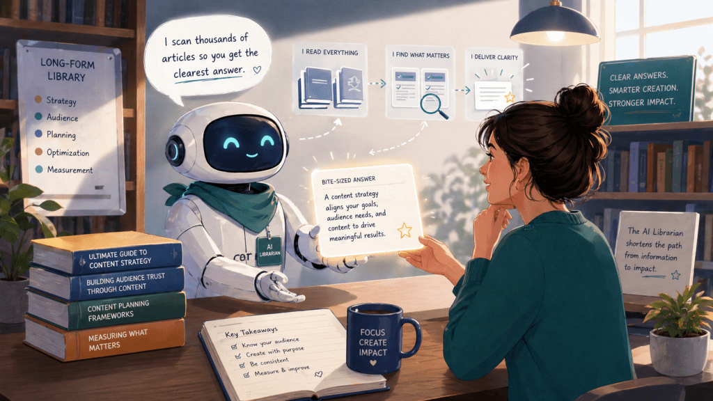 Friendly AI librarian handing a bite-sized answer card to a content creator in a digital library of long-form content.