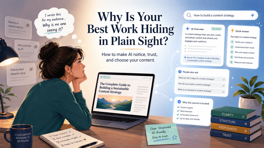 Content creator looking at AI search results showing why clear, structured content helps AI notice and choose your work.